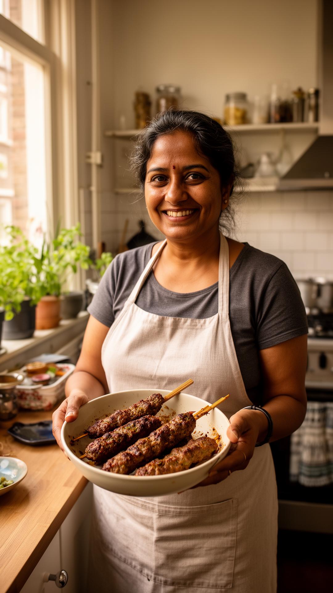 Home chef Shammi with a bowl of seekh kebabs