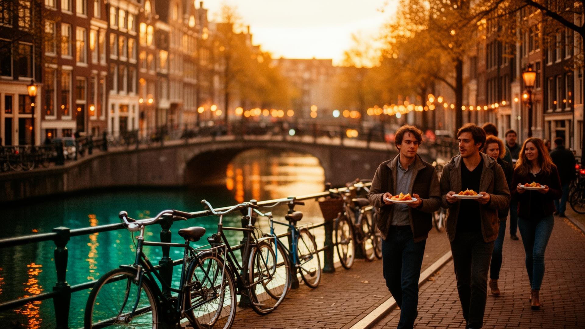 Amsterdam canal at golden hour with people walking together holding small food plates